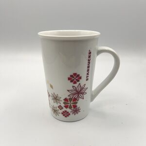 Starbucks Coffee 2013 Holiday Mug Cup 12oz. Poinsettia Snowflakes Red White Gold